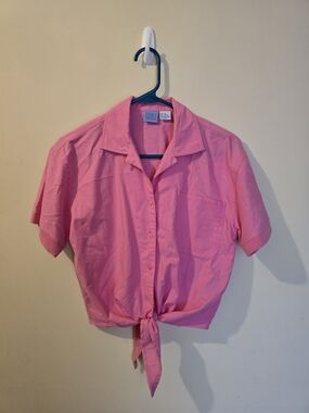 Vintage 1980-90s Womens Pink Crop Tie Front Cotton Top New Moves Size Medium